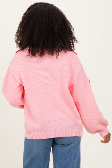 Light Pink Crochet Heart Patch Cardigan
