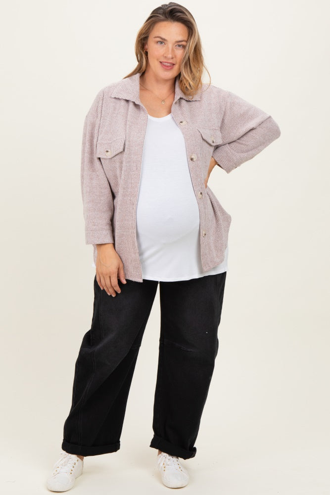 Brown Brushed Knit Maternity Plus Shirt Jacket