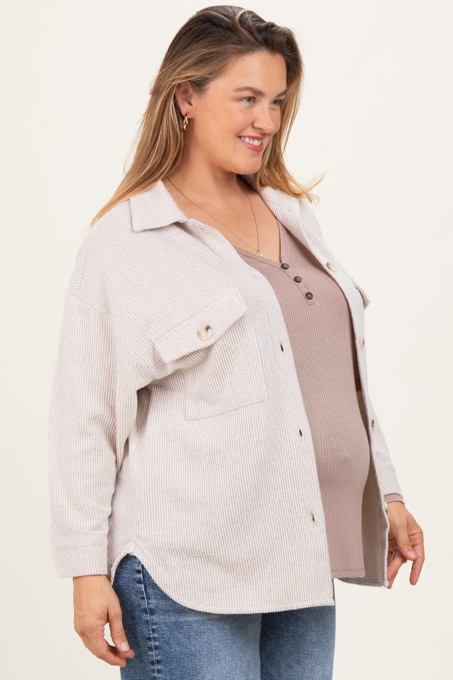 Cream Brushed Knit Maternity Plus Shirt Jacket