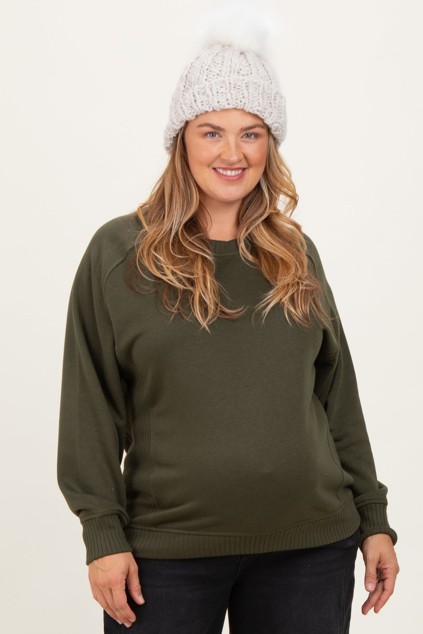 Olive Pullover Terry Maternity Plus Crewneck