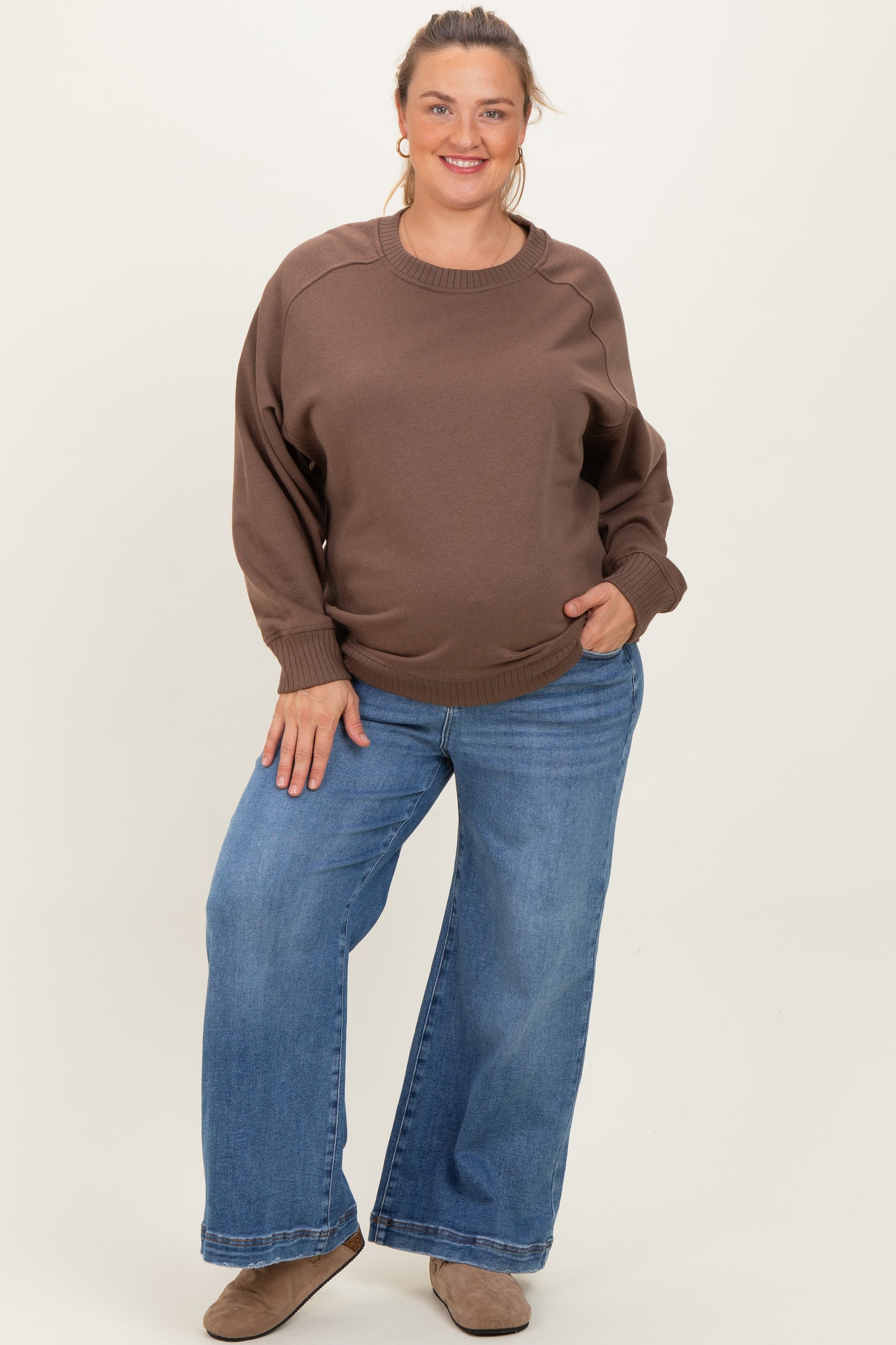 Brown Pullover Terry Maternity Plus Crewneck
