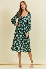 Forest Green Floral Crossover Neckline Midi Dress