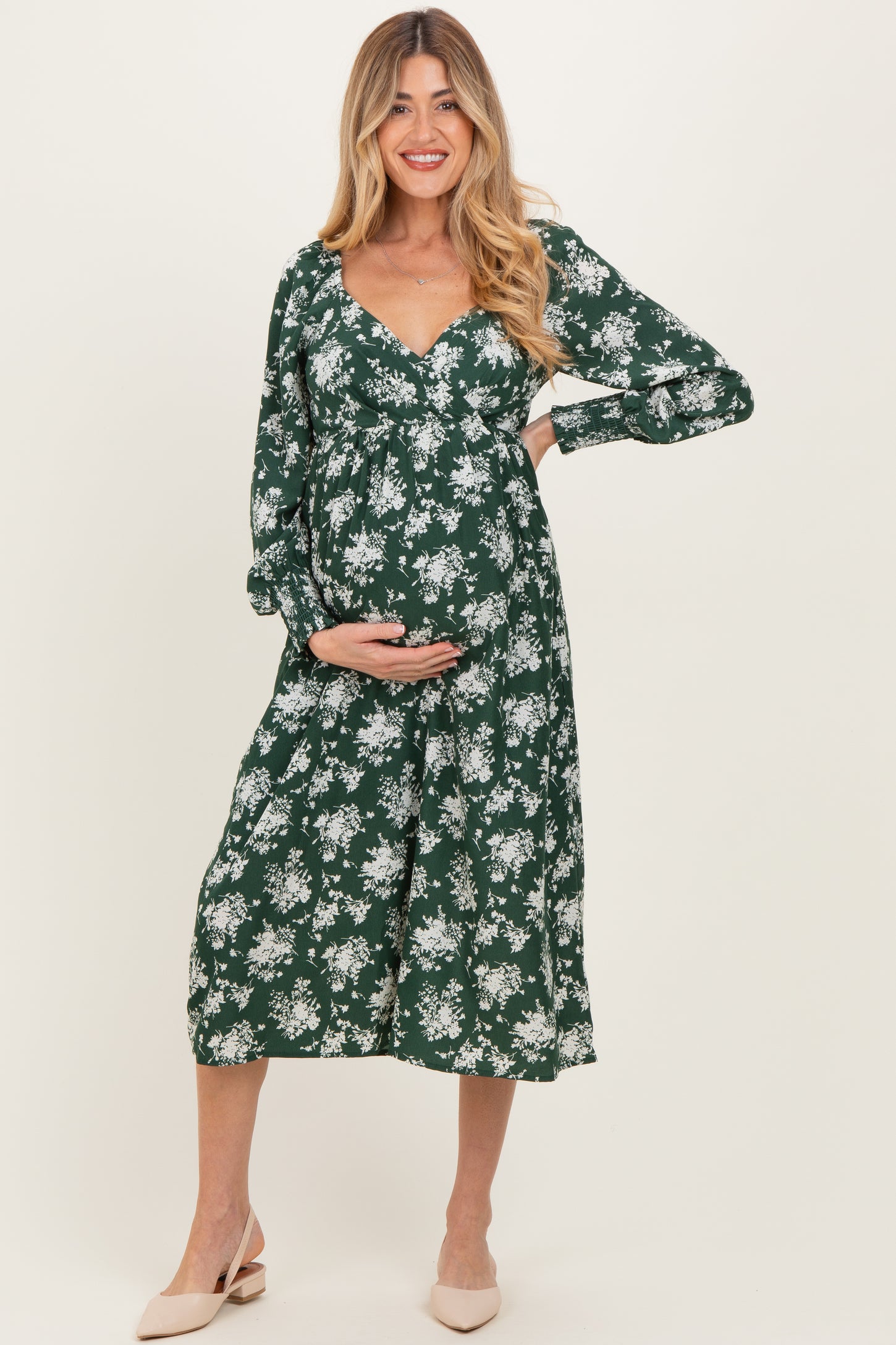 Forest Green Floral Crossover Neckline Maternity Midi Dress