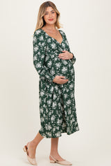 Forest Green Floral Crossover Neckline Maternity Midi Dress