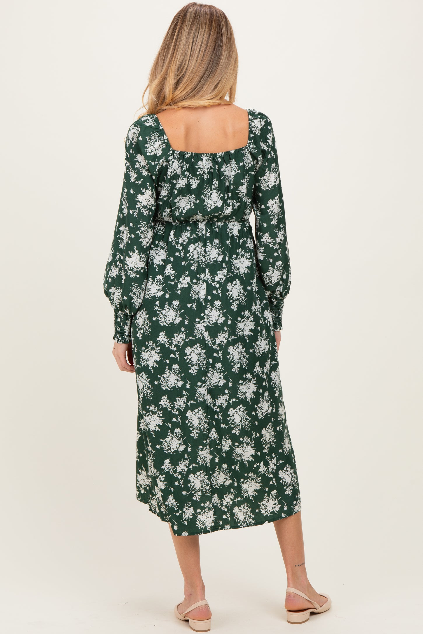 Forest Green Floral Crossover Neckline Maternity Midi Dress