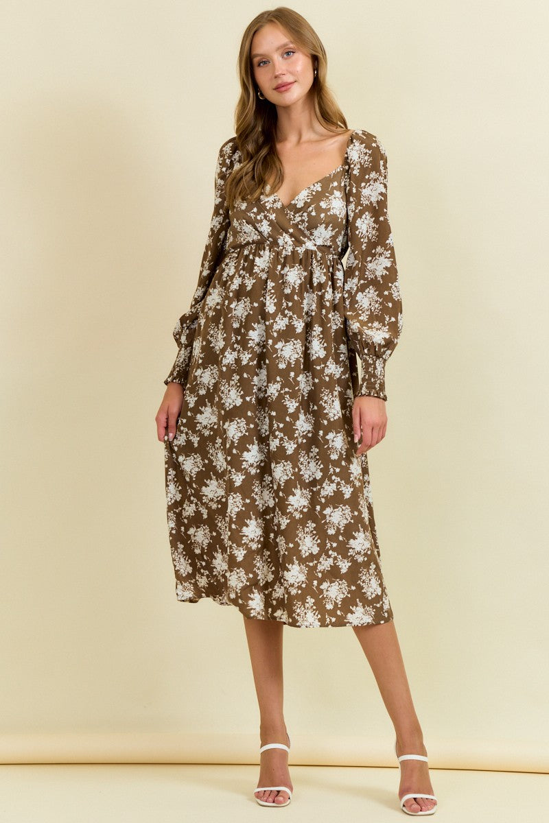 Mocha Floral Crossover Neckline Midi Dress
