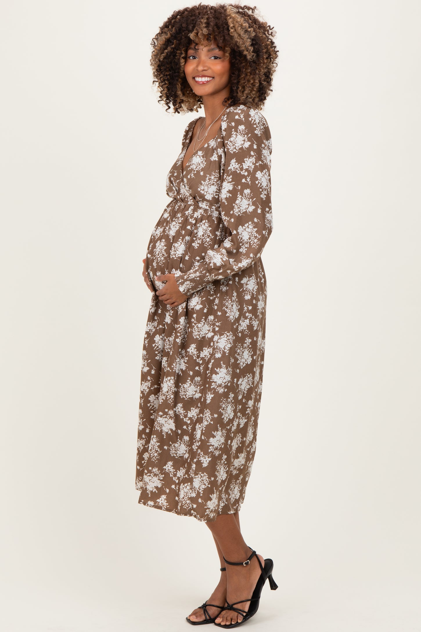 Mocha Floral Crossover Neckline Maternity Midi Dress