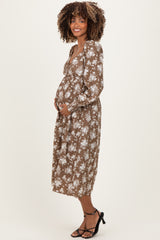 Mocha Floral Crossover Neckline Maternity Midi Dress