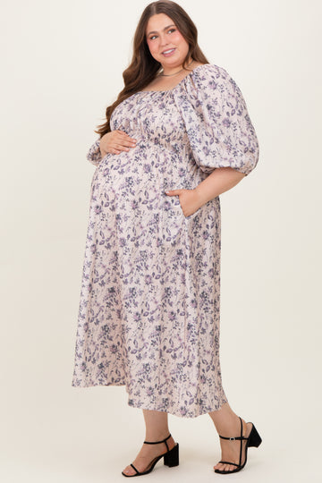 Light Pink Floral Puff Sleeve Smocked Waist Maternity Plus Midi Dress