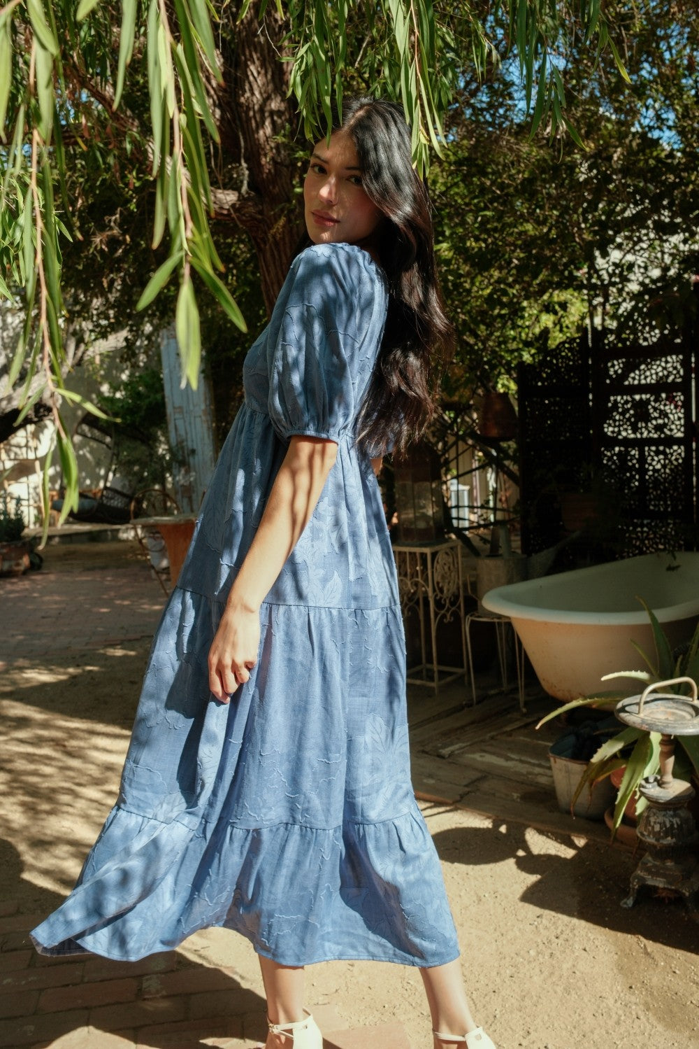 Light Blue Floral Textured Tiered Midi Maternity Dress