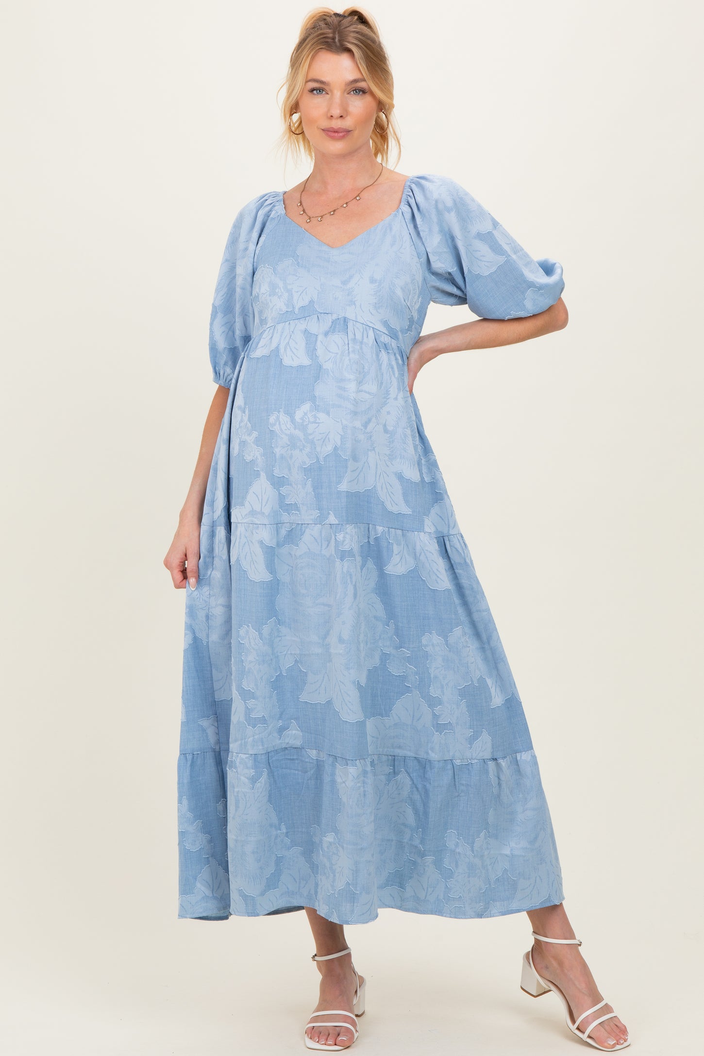 Light Blue Floral Textured Tiered Midi Maternity Dress