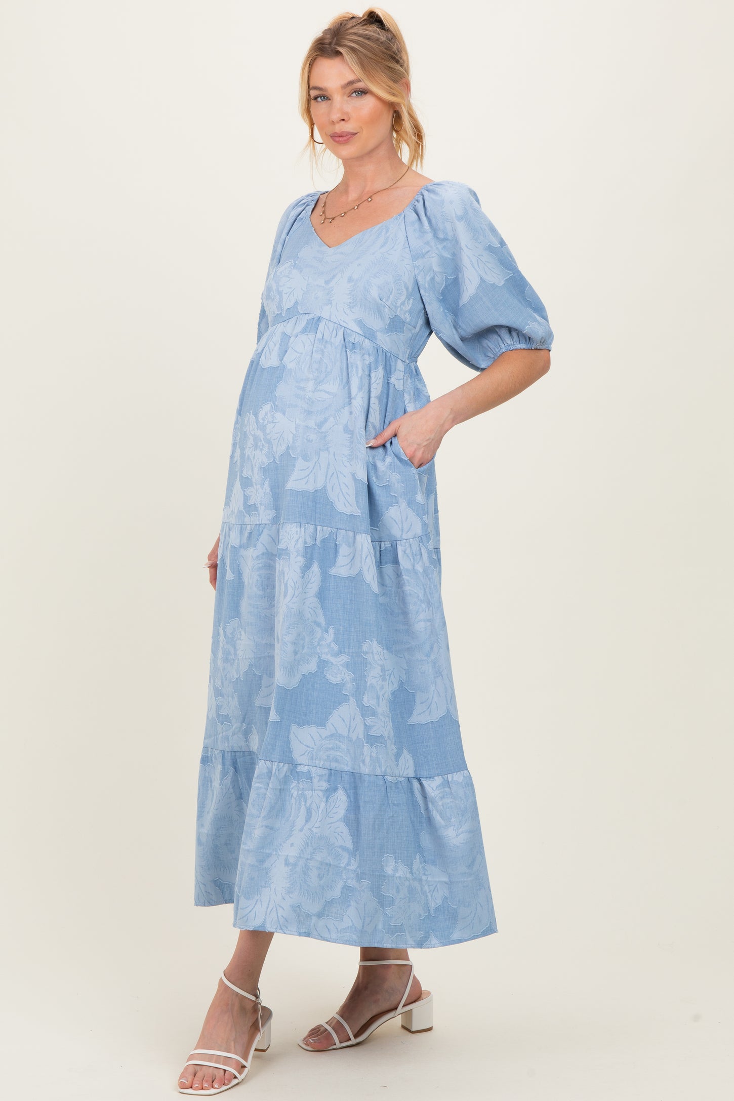 Light Blue Floral Textured Tiered Midi Maternity Dress