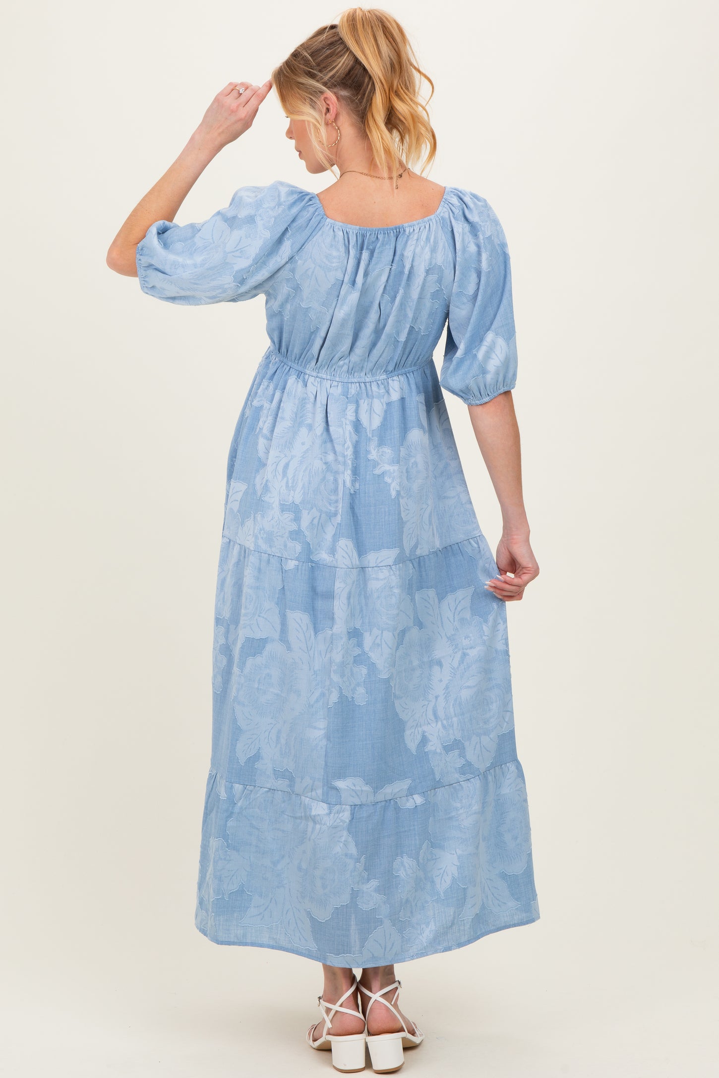 blue midi maternity dress Blue Floral Textured Tiered Midi Maternity Dress