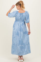 Light Blue Floral Textured Tiered Midi Maternity Dress