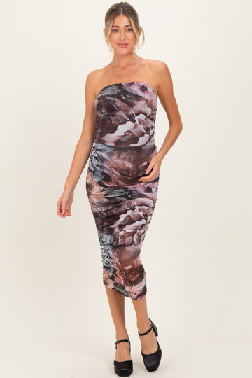 Mauve Floral Mesh Strapless Ruched Maternity Midi Dress