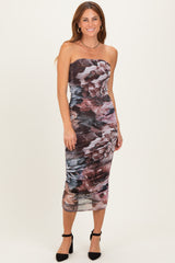 Mauve Floral Mesh Strapless Ruched Midi Dress
