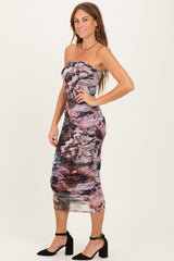 Mauve Floral Mesh Strapless Ruched Midi Dress