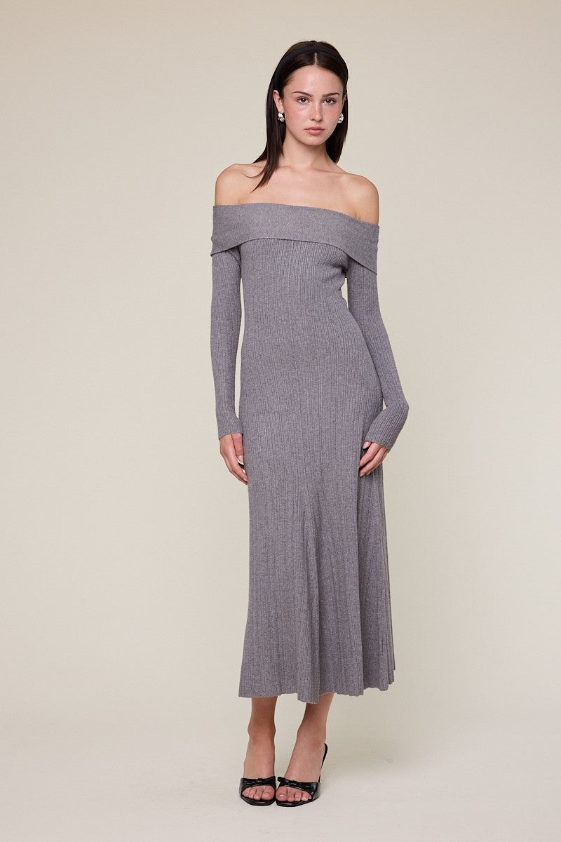 Heather Grey Ribbed Knit Off Shoulder Midi Dress
