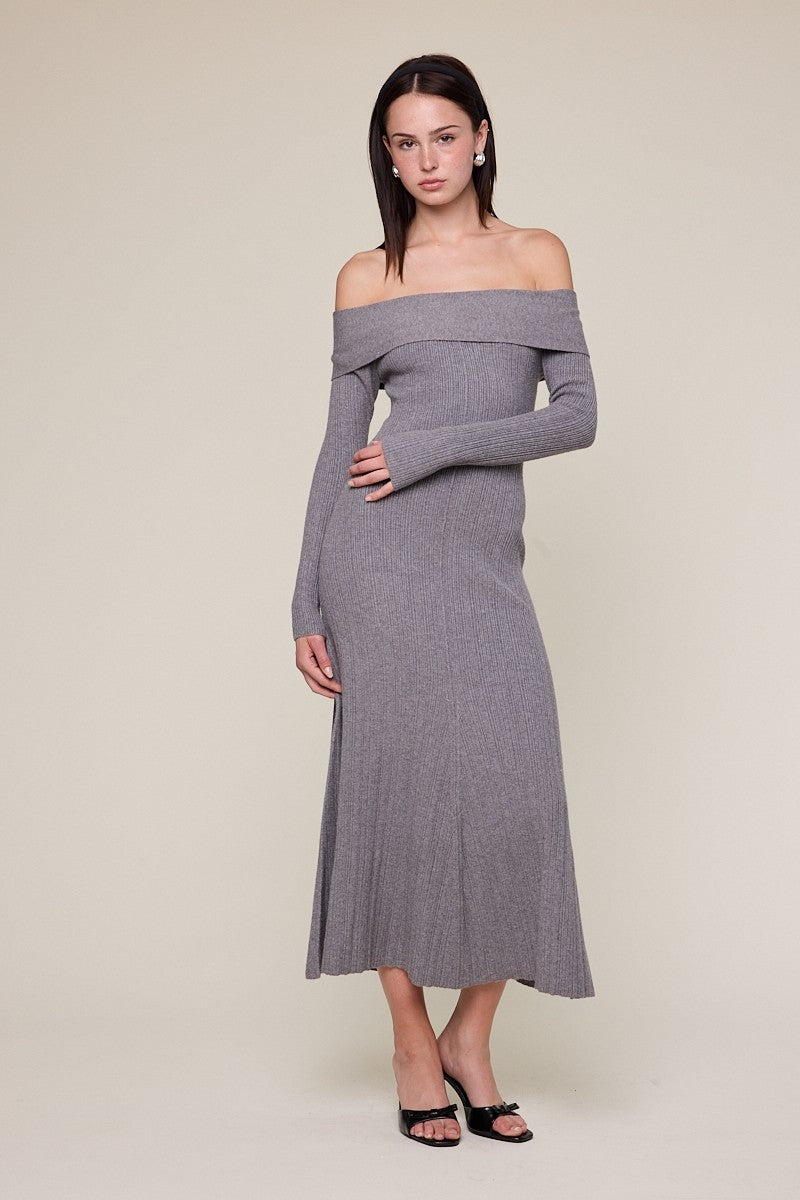 Heather Grey Ribbed Knit Off Shoulder Midi Dress