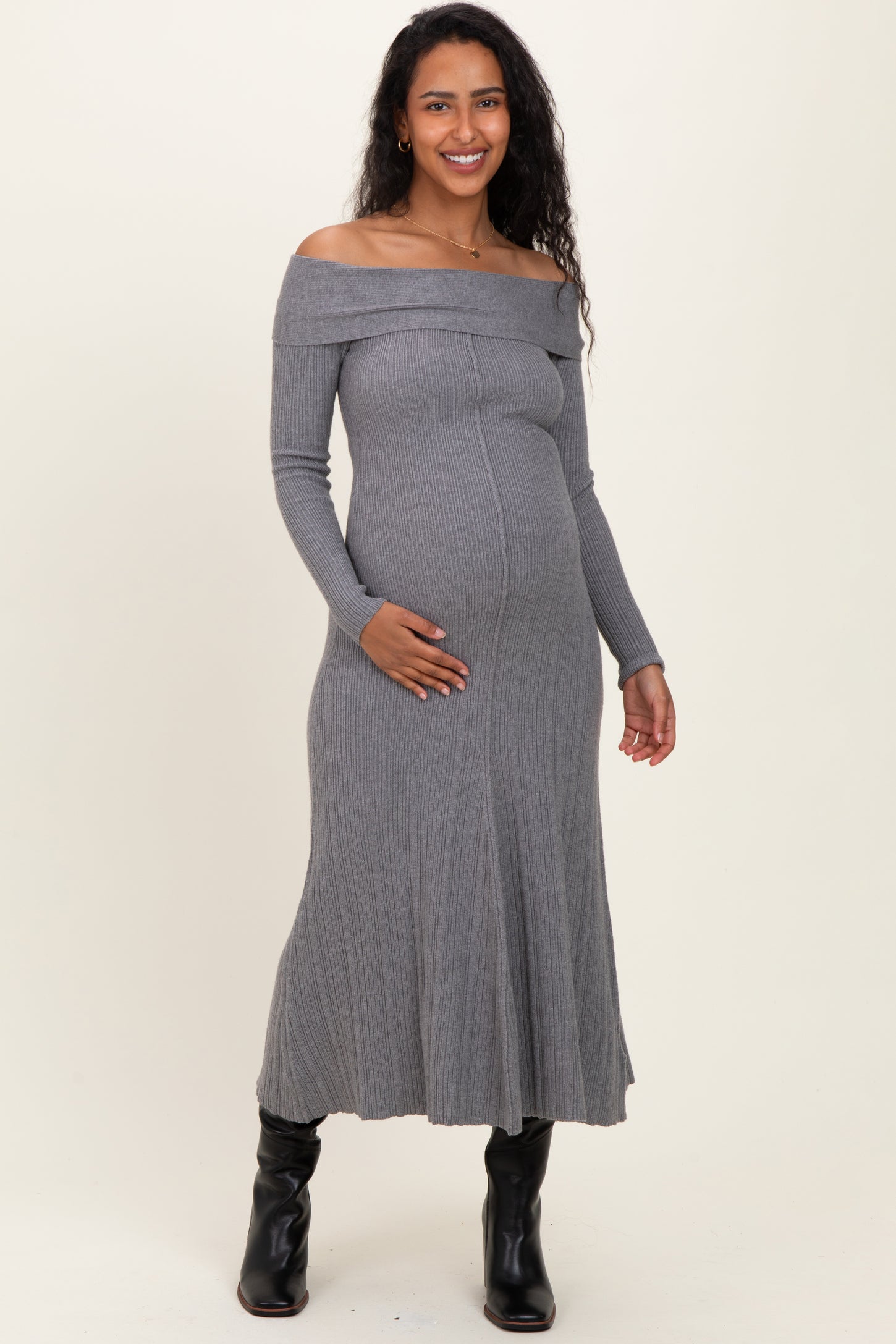 Heather Grey Ribbed Knit Off Shoulder Maternity Midi Dress PinkBlush Heather Grey Ribbed Knit Off Shoulder Maternity Midi Dress PinkBlush
