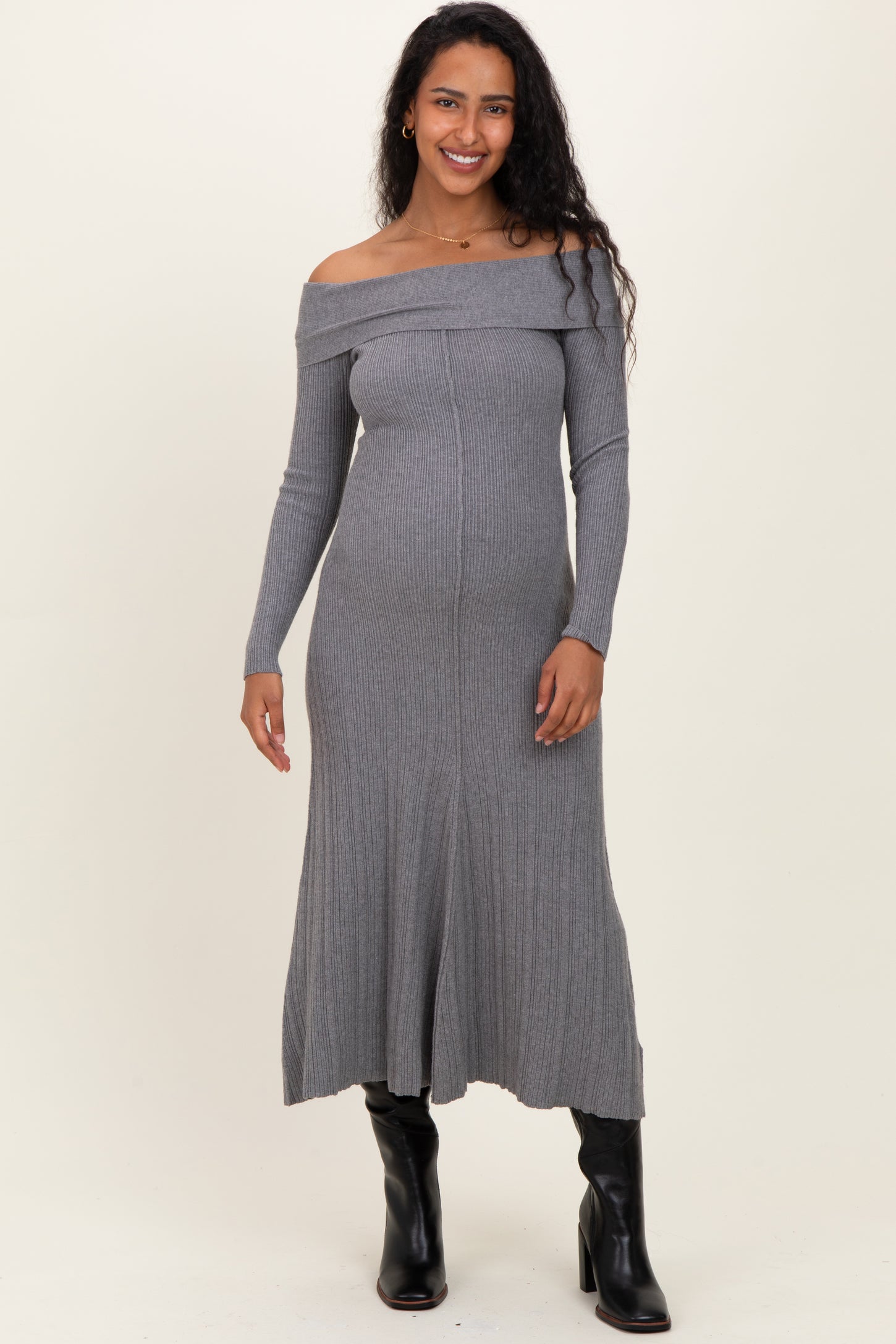 Heather Grey Ribbed Knit Off Shoulder Maternity Midi Dress PinkBlush Heather Grey Ribbed Knit Off Shoulder Maternity Midi Dress PinkBlush