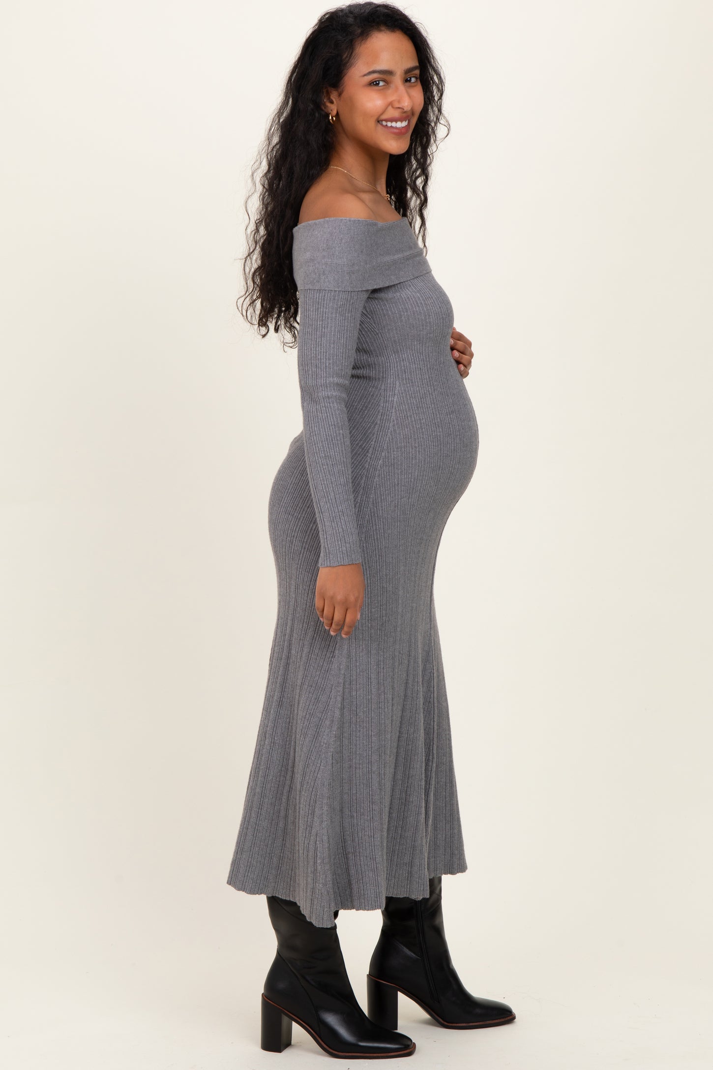 Heather Grey Ribbed Knit Off Shoulder Maternity Midi Dress