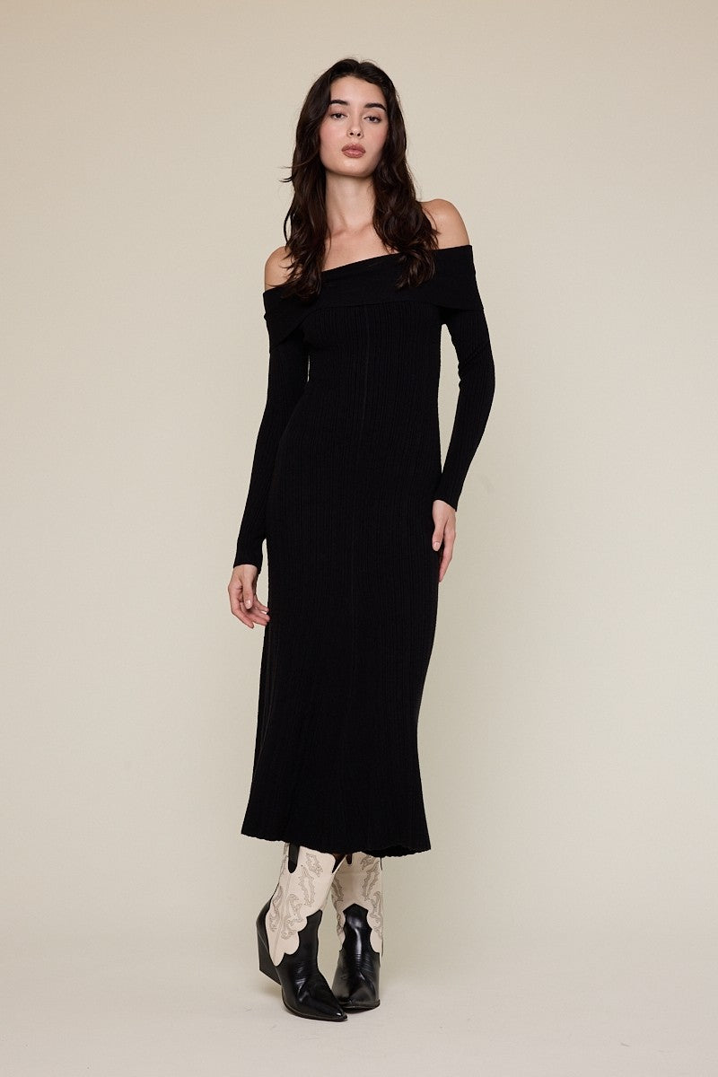Black Ribbed Knit Off Shoulder Maternity Midi Dress