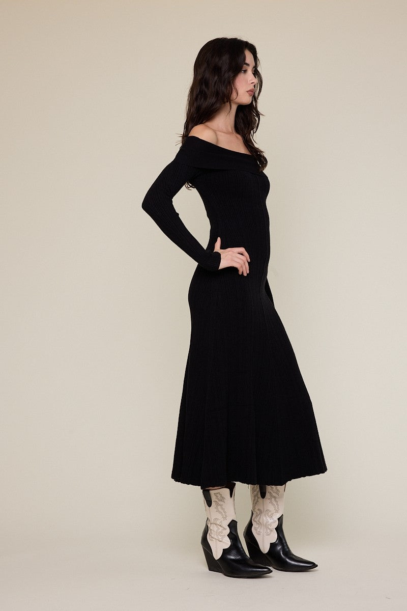 Black Ribbed Knit Off Shoulder Midi Dress Black Ribbed Knit Off Shoulder Midi Dress