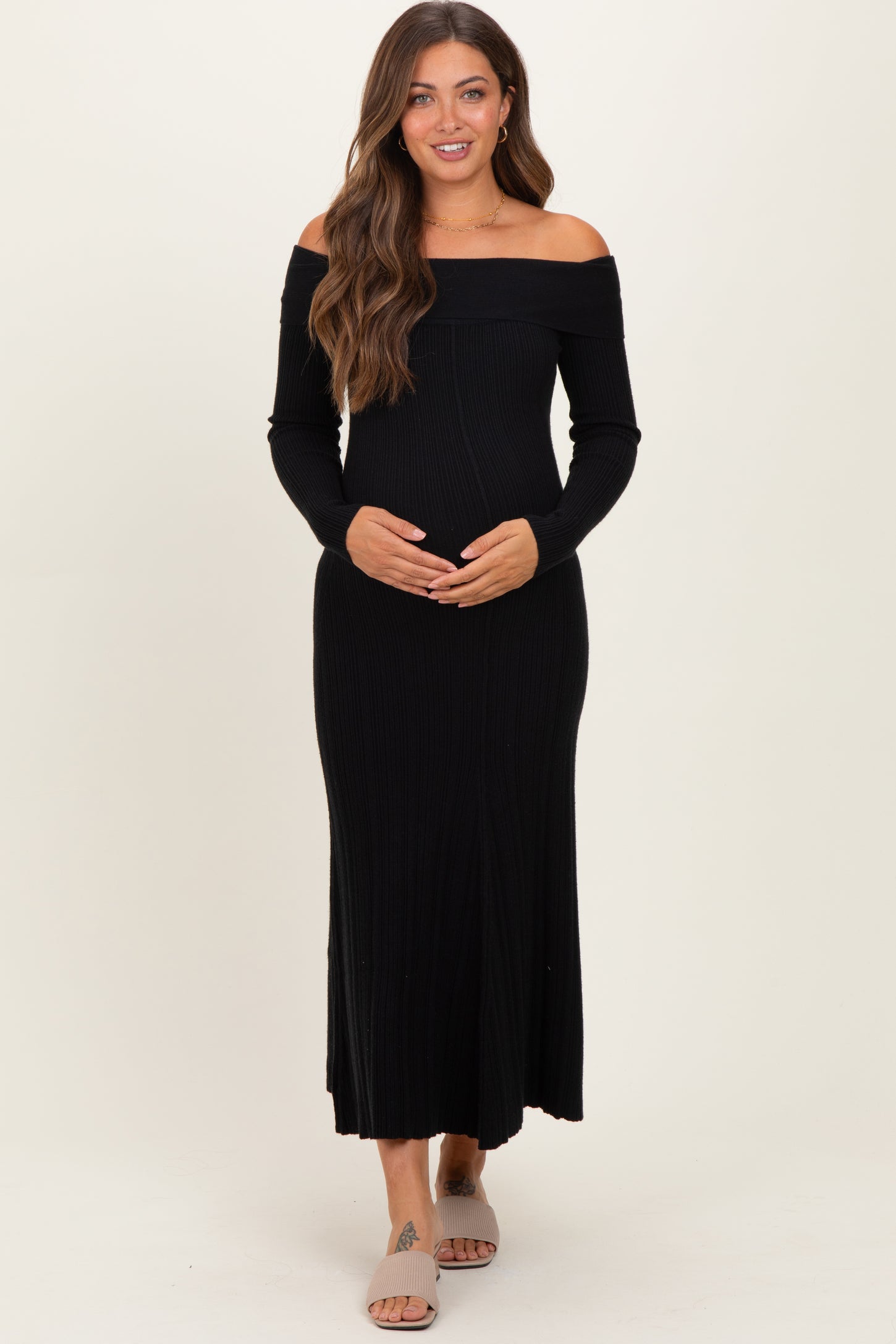 Black Ribbed Knit Off Shoulder Maternity Midi Dress