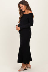 Black Ribbed Knit Off Shoulder Maternity Midi Dress