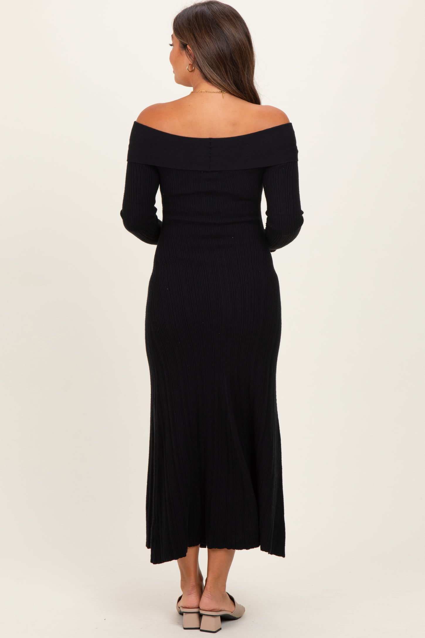 Black Ribbed Knit Off Shoulder Maternity Midi Dress