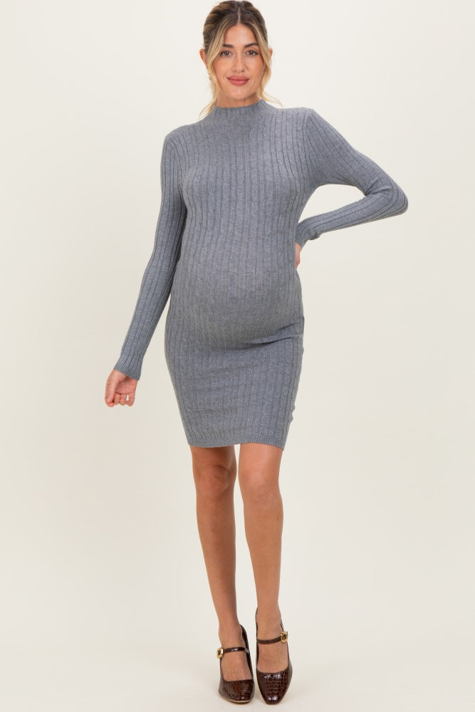 grey high neck mini dress Heather Grey Cable Knit Mock Neck Maternity Mini Dress