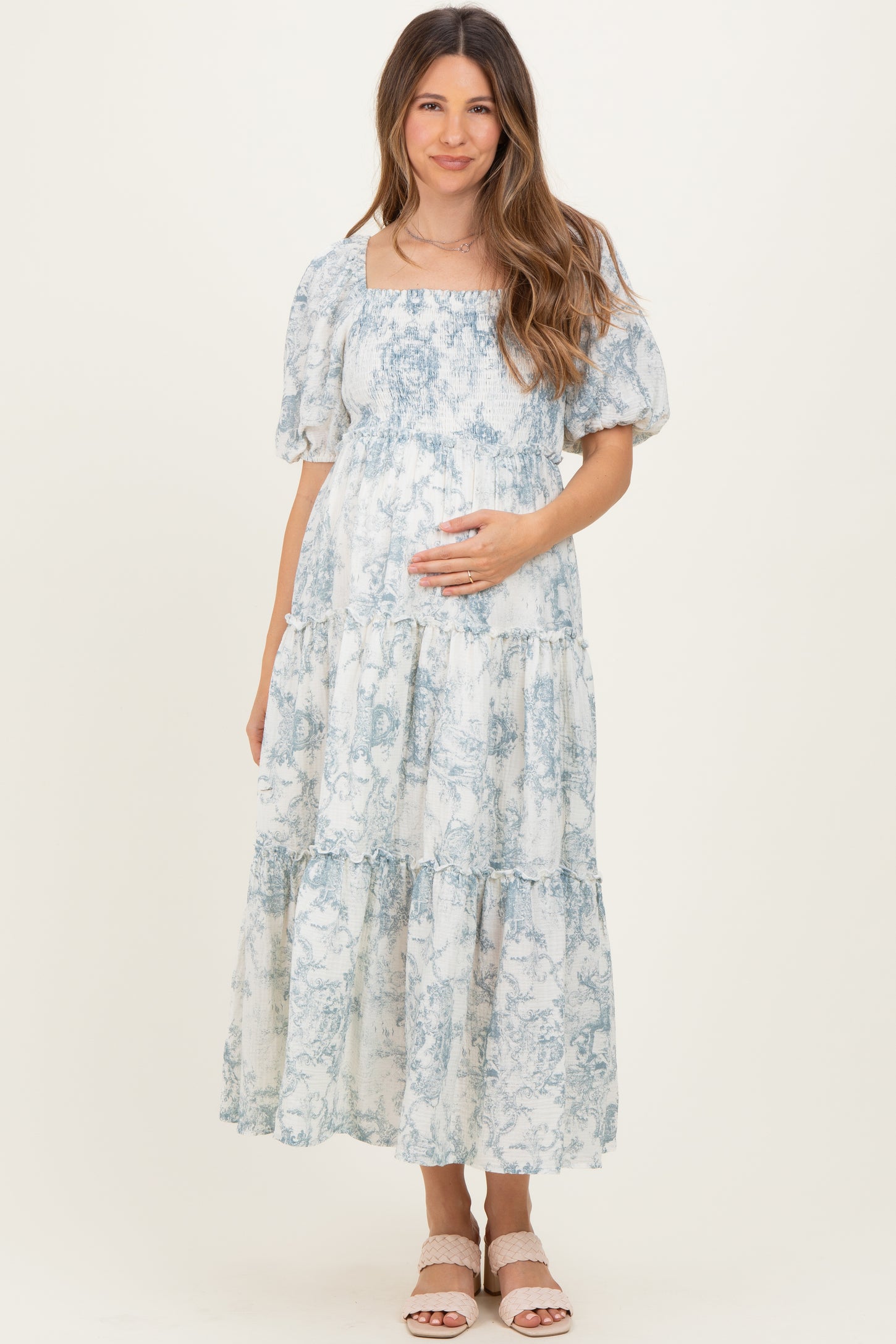 Blue Vintage Floral Puff Sleeve Tiered Maternity Maxi Dress