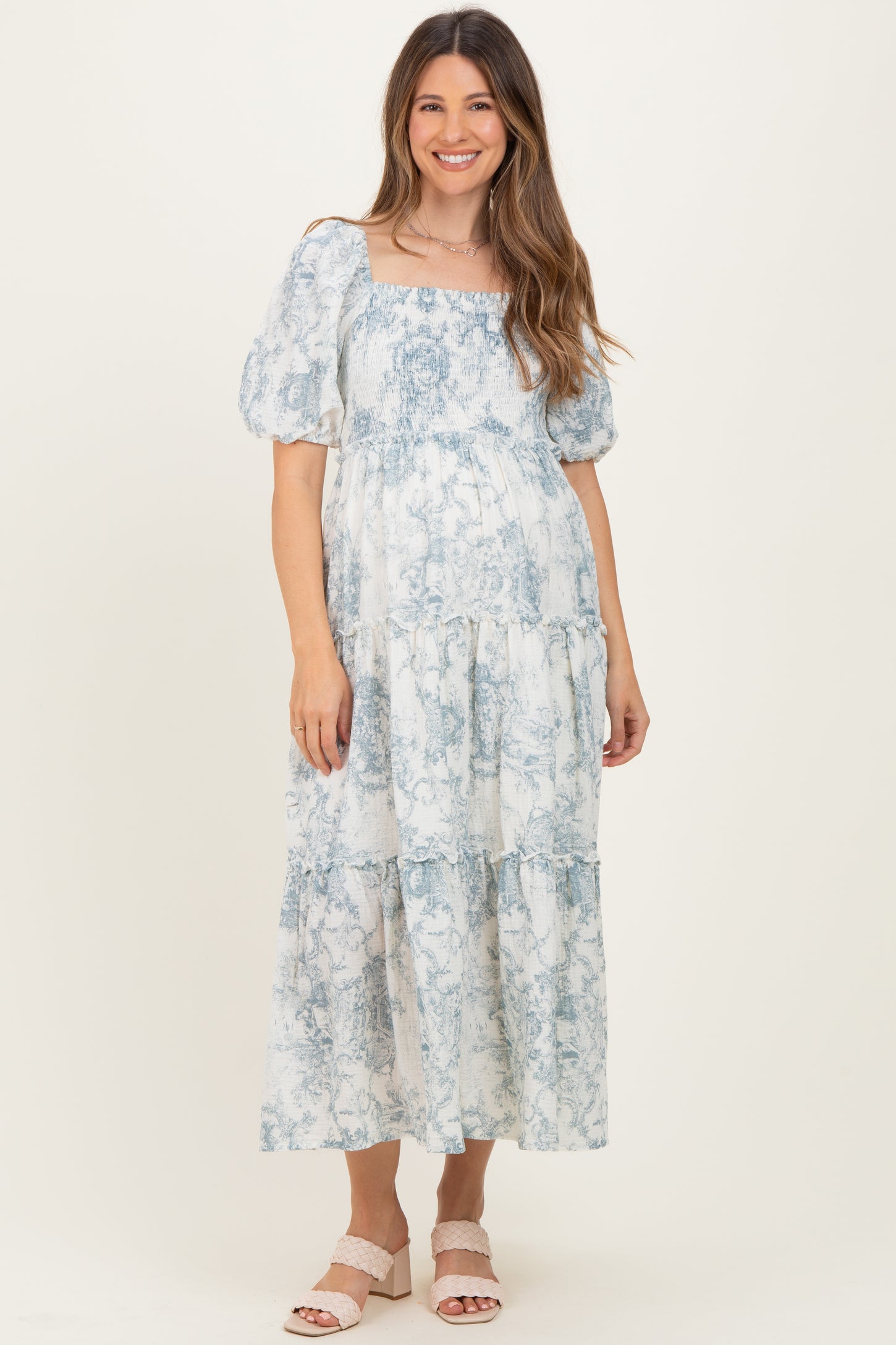 Blue Vintage Floral Puff Sleeve Tiered Maternity Maxi Dress