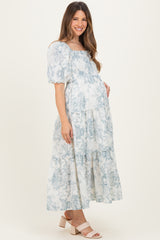 Blue Vintage Floral Puff Sleeve Tiered Maternity Maxi Dress