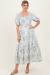 Blue Vintage Floral Puff Sleeve Tiered Maternity Maxi Dress