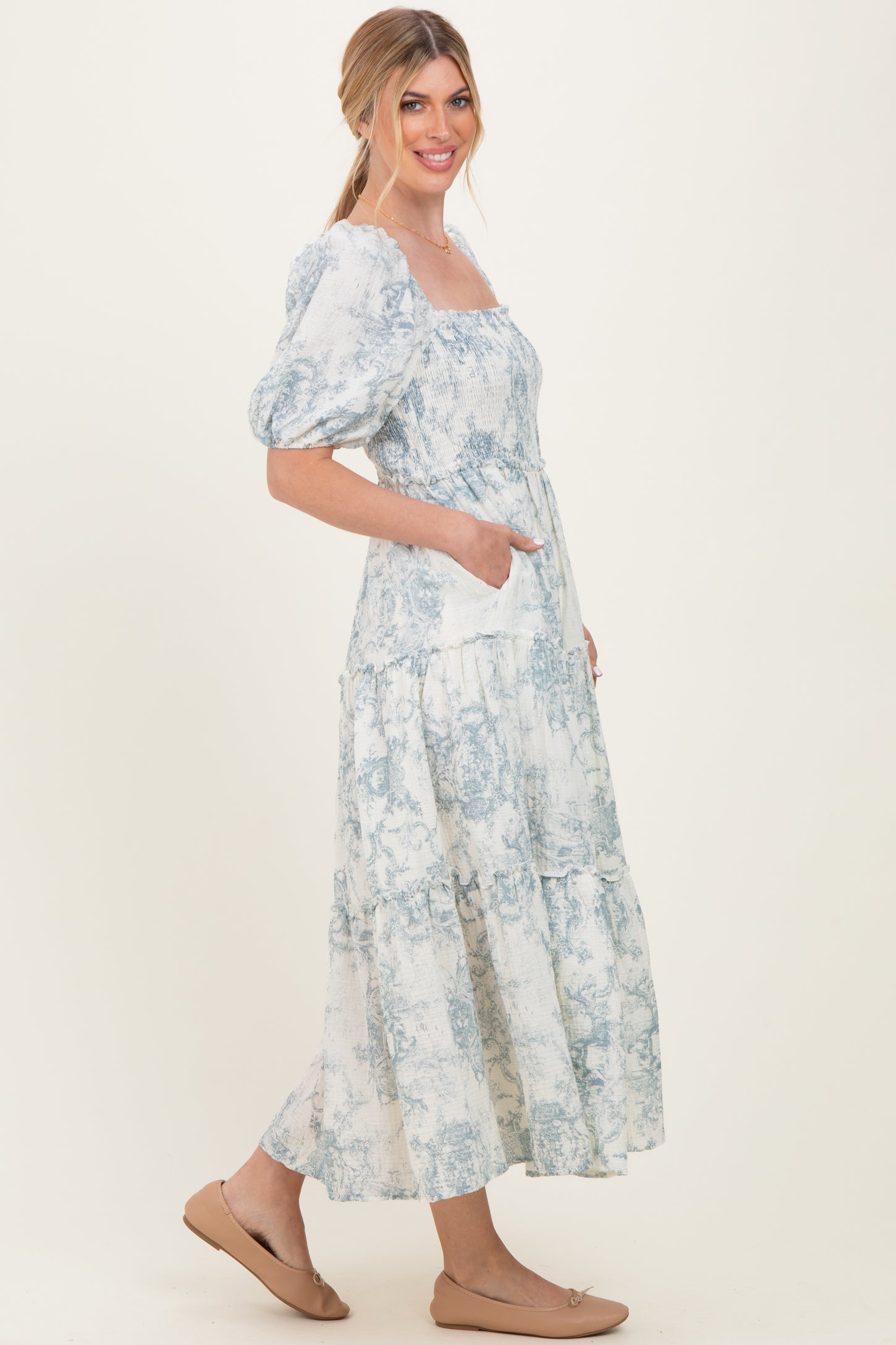 Blue Vintage Floral Puff Sleeve Tiered Maxi Dress
