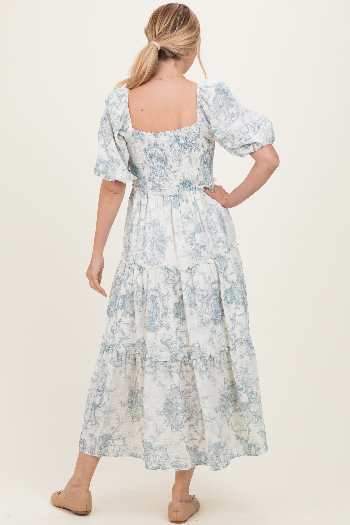 Blue Vintage Floral Puff Sleeve Tiered Maxi Dress