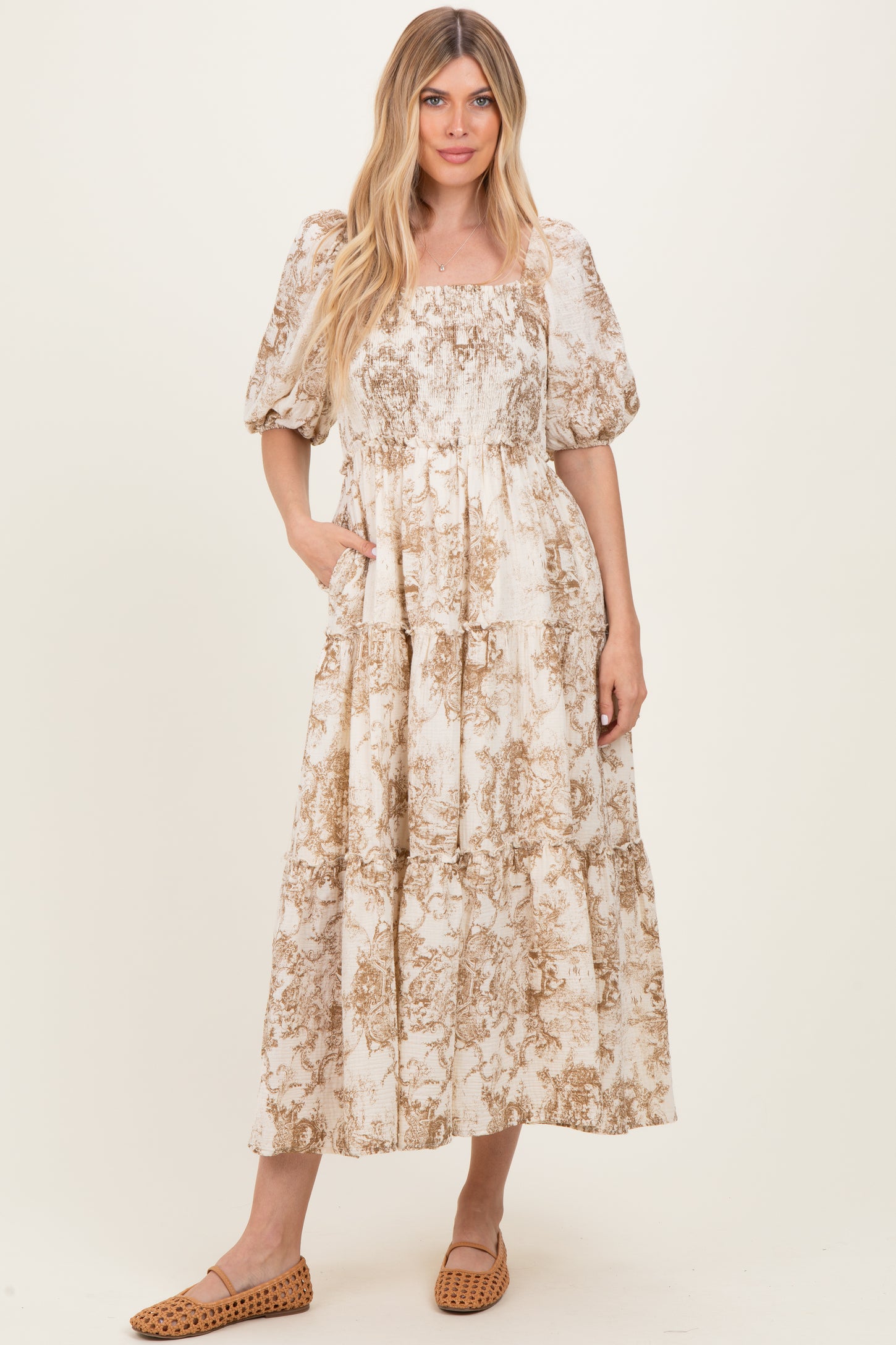 Taupe Vintage Floral Puff Sleeve Tiered Maternity Maxi Dress