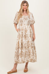 Taupe Vintage Floral Puff Sleeve Tiered Maternity Maxi Dress