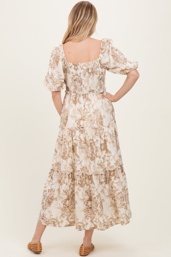 Taupe Vintage Floral Puff Sleeve Tiered Maxi Dress