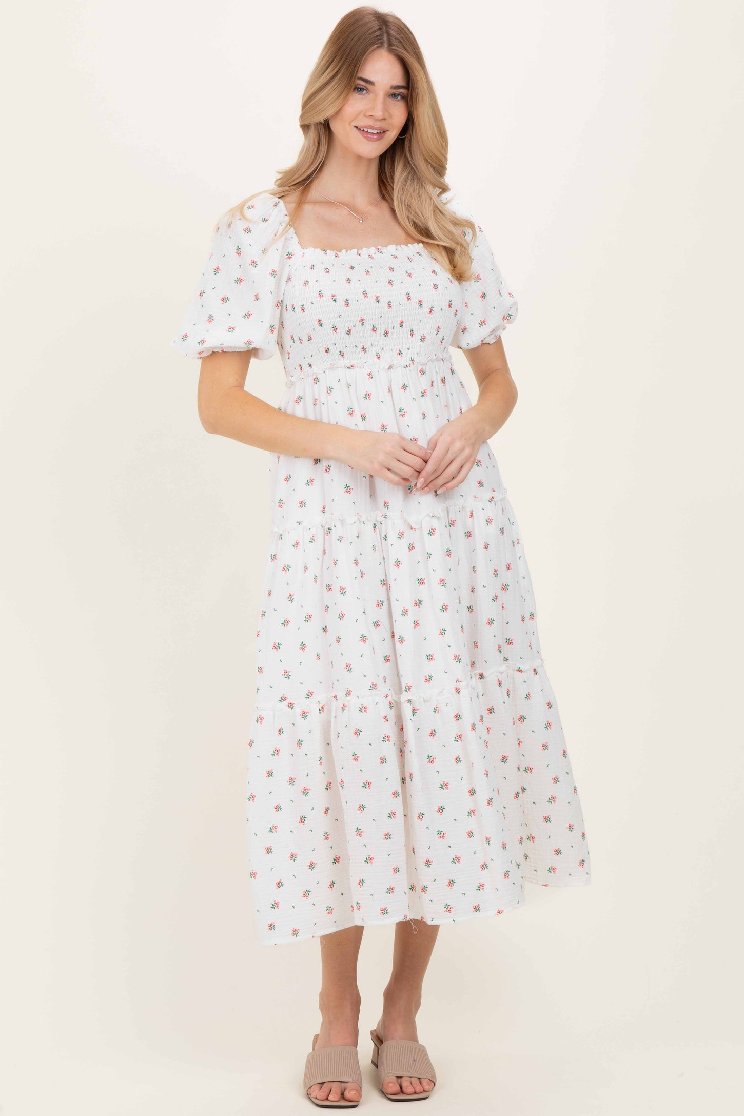 White Floral Puff Sleeve Tiered Maxi Dress