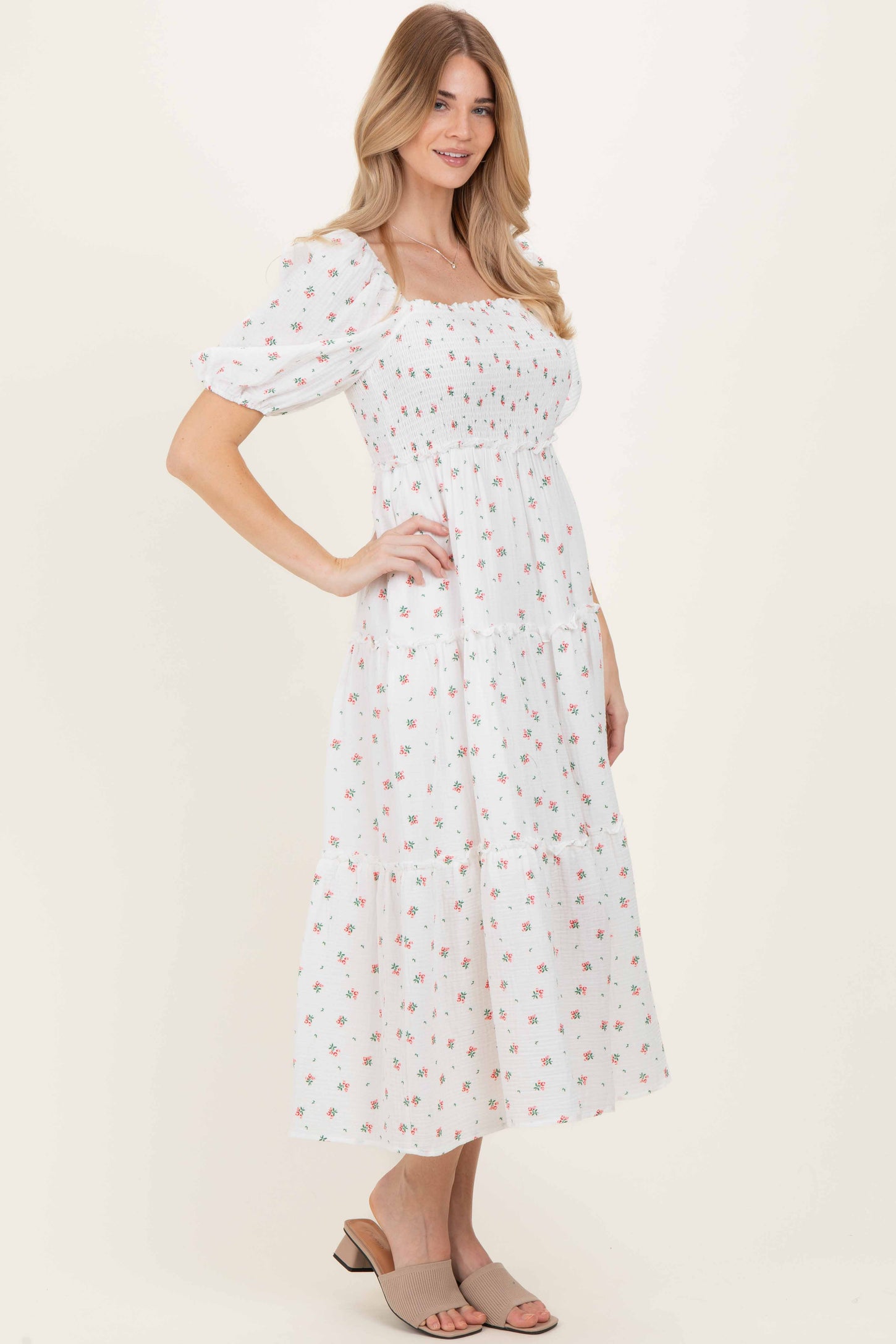 White Floral Puff Sleeve Tiered Maxi Dress