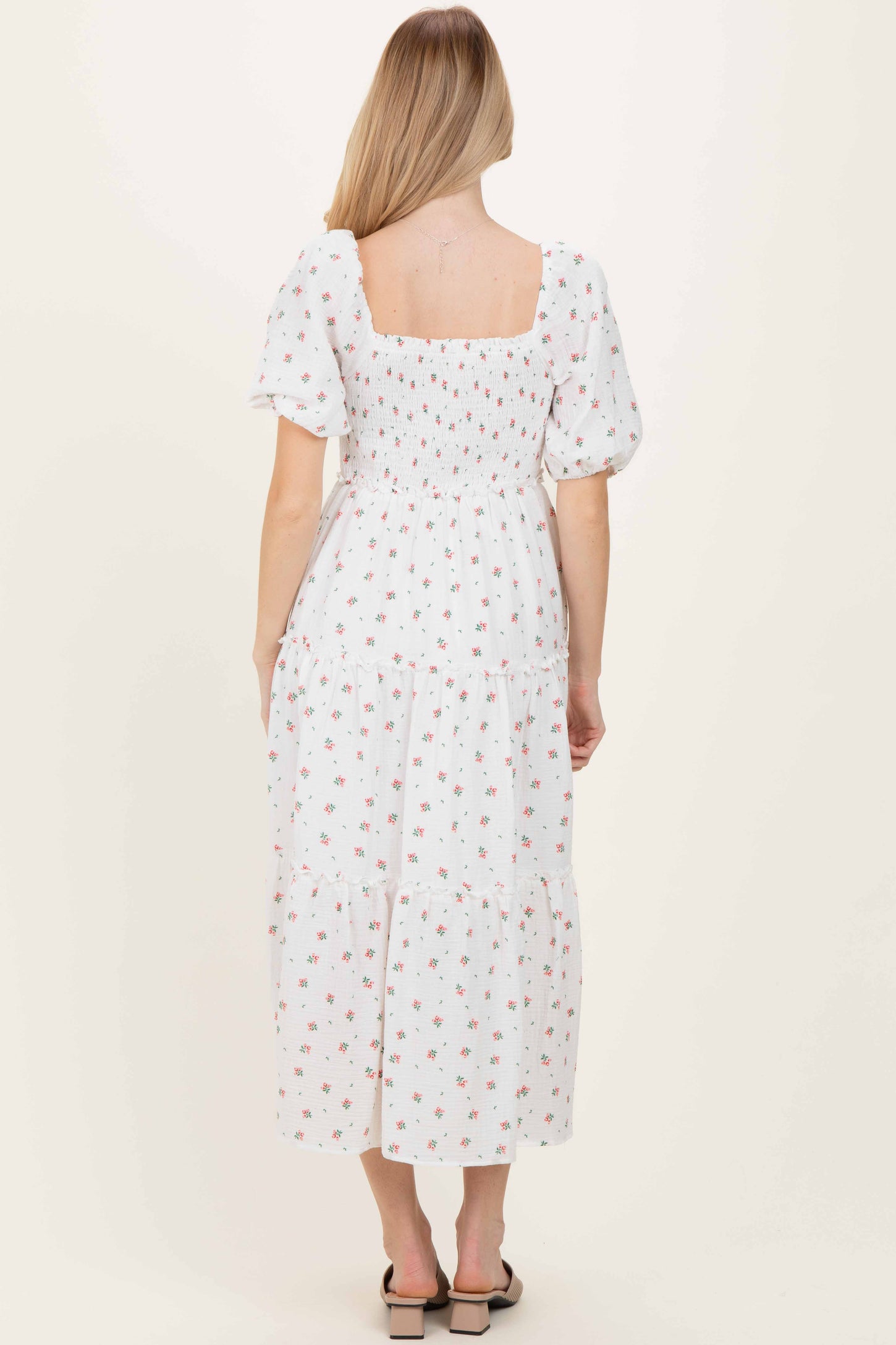 White Floral Puff Sleeve Tiered Maxi Dress