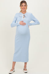 Light Blue Ribbed Knit Tie Neck Maternity Sweater Dress