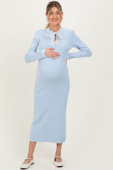 Light Blue Ribbed Knit Tie Neck Maternity Sweater Dress