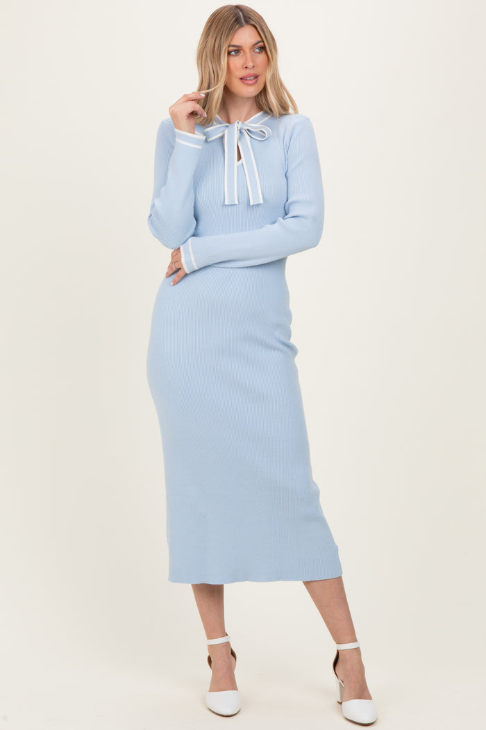Light Blue Ribbed Knit Tie Neck Maternity Sweater Dress