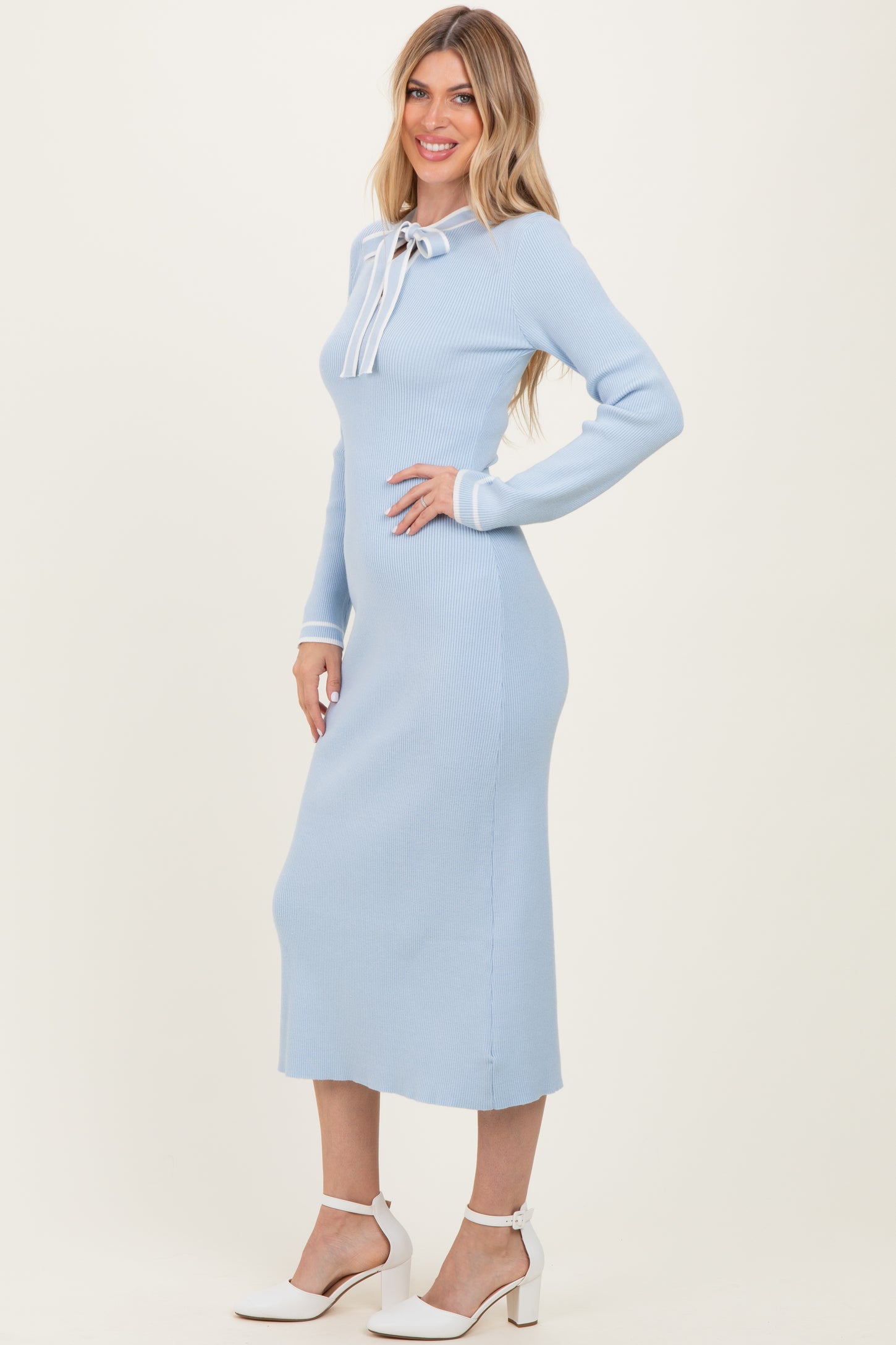 Light Blue Ribbed Knit Tie Neck Sweater Dress