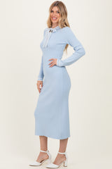 Light Blue Ribbed Knit Tie Neck Sweater Dress
