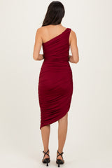 Burgundy One Shoulder Ruched Midi Dress